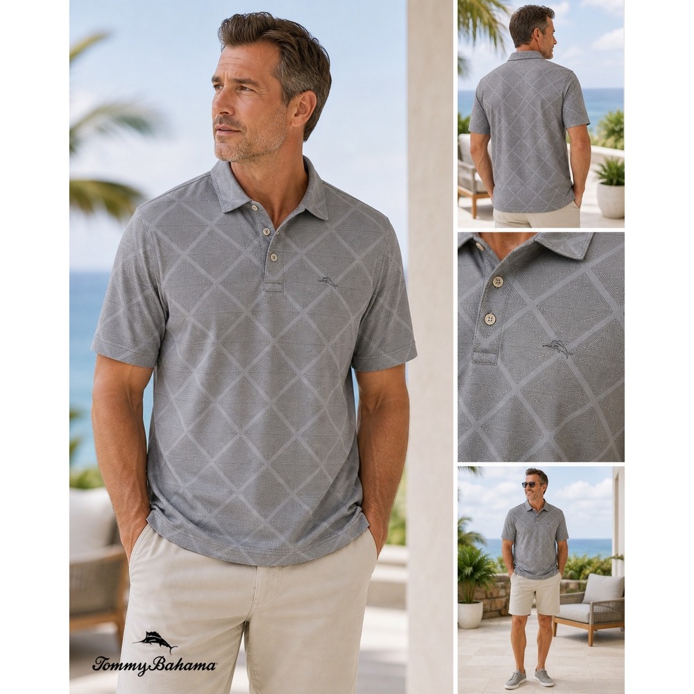Tommy Bahama Polo Gray Geo Performance Shirt XXL Golf Coastal Dad